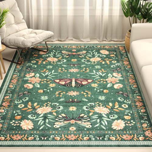 Washable Area Rug for Living Room, NovDeco 5'x7' Non-Slip Vintage Boho Emerald Green Indoor Rug, Low Pile Stain Resistant Carpet for Bedroom, Nursery