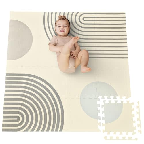 Cateam Baby Play Mat 47x47 inch – Boho Style Soft EVA Foam Puzzle Tiles for Floor, Toddlers & Kids – Non-Toxic Interlocking Squares for Nursery, Gym & Playroom