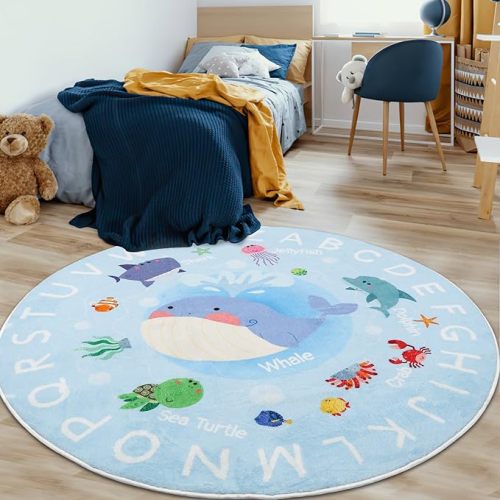 Soft Round ABC Rug for Kids Room,4 ft Washable Circle Nursery Rug,Non-Slip Whale Alphabet Baby Kids Rug Carpet for Nursery Playroom Bedroom Kids Room Decor