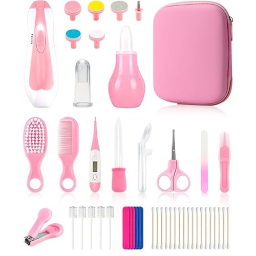 Baby Grooming and Healthcare Kit, Portable Baby Safety Care Set with Hair Brush Comb Nail Clipper Nasal Aspirator for Nursery Newborn Infant Girl Boy (31 in 1, Pink)
