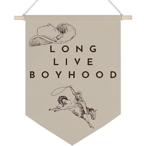 LZYRF Western Farmhouse Cowboy Wall Banners, Long Live Boyhood Hanging Pennant Banner Flags, Retro Cowboy Wall Art for Boys Room Bedroom Home Farmhouse Decor