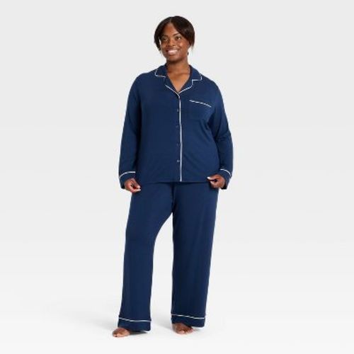 Women's Cloud Knit Modal Long Sleeve Notch Collar Top and Pants Pajama Set - Auden™ Navy Blue 1X