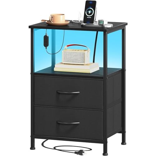 Somdot Black Nightstand with Charging Station and LED Light for Bedroom, 2 Drawers Dresser with Fabric Bins for Bedside Kids Dorm Room Closet Laundry Entryway, Black