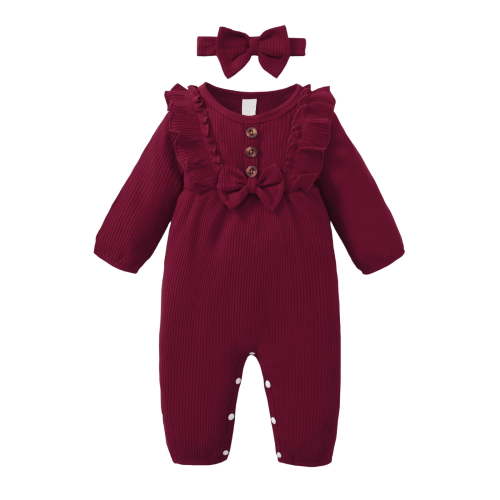 3 Months Baby Girls Romper 6 Months Girls One-piece Bodysuit Solid Color Round Neck Cute Bowknot Newborn Girls Long Sleeve Bodysuit with Headband Red