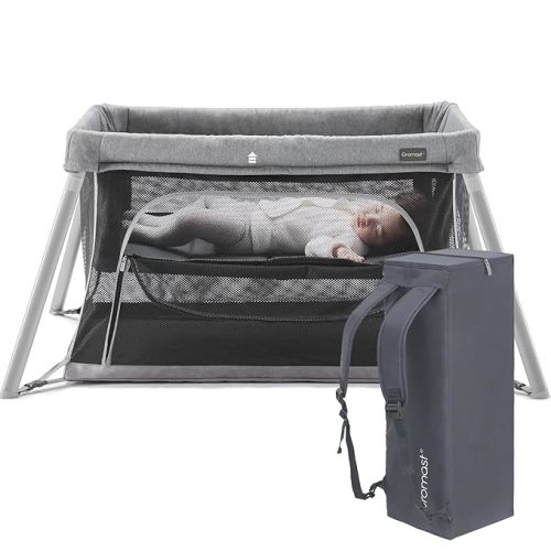 Gromast 2 in 1 Portable Travel Crib for Toddler, Foldable Crib for Baby, Lightweight Playpen Collapsible Playard with Soft Mattress, Easy to Carry Baby Travel Bed for Outdoor, Indoor (Black)