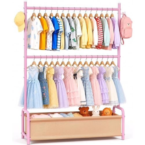 Kids Clothing Rack with Double Rod Height Adjustable Kids Clothes Rack Pink