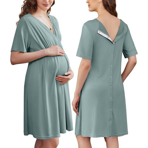 Labor and Delivery Gown for Hospital Short Sleeve Maternity Nursing Dress Nightgown with Button S-XXL