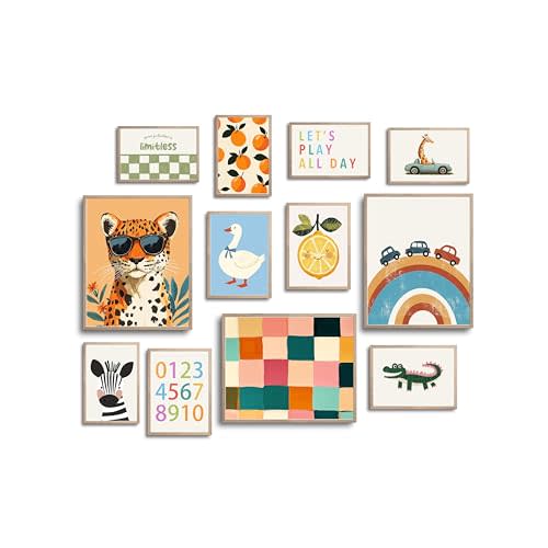 TwoDays Cute Nursery Wall Art for Baby Girls Boys, Vintage Playroom Decor, Animals Posters for Toddler Kids Room Bedroom Aesthetics (Multi Sizes, Set of 12, 8" X 10" Largest, UNFRAMED)