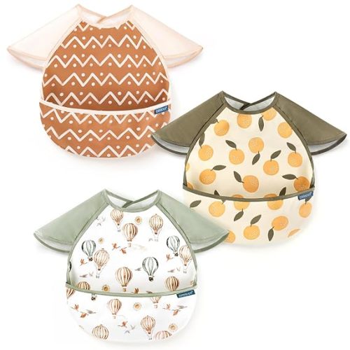 GRSSDER 3-pack Mess Proof Baby Feeding Bibs with Food Catcher Pocket, Soft Lightweight Waterproof Fabric Material with Zero Plastic-like Feel, Adjustable and Easy Clean Toddler Bibs for 6-36 Months