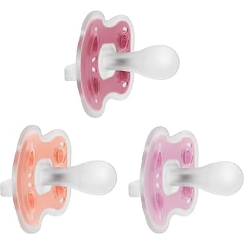 Dr. Brown's Advantage One-Piece Silicone Baby Pacifier, Fully Symmetrical Soother, Coral/Light Pink/Pink, 6-18m, BPA Free, 3 Pack