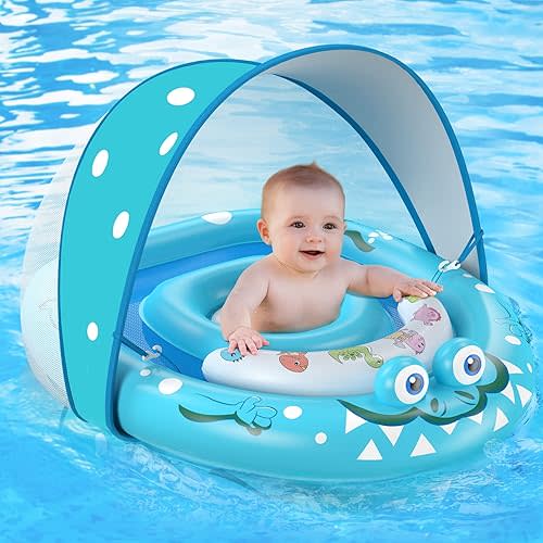 URMYWO Baby Pool Float with Removable UPF50+ Sun Protection Canopy, Baby Floats for Pool 6-12-24 Months Infant Toddler, Durable Baby Swim Float with Adjustable Seat, Extra Wide, Breathable