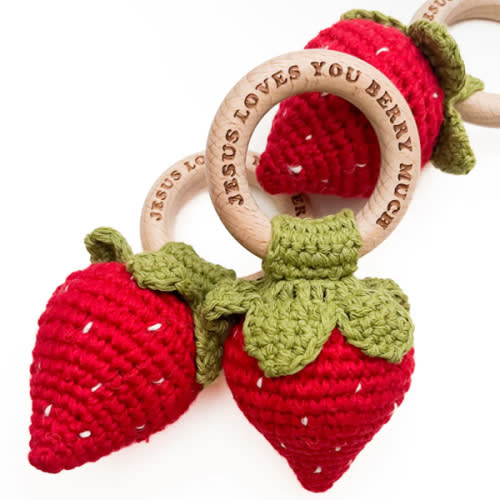 Jesus Loves You Berry Much Strawberry Knitted Teether Rattle