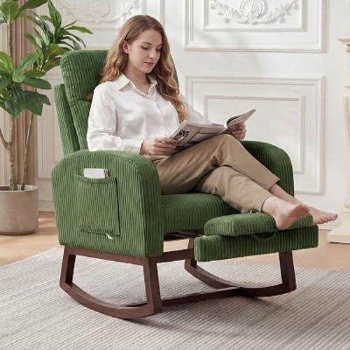 GarveeLife Nursery Rocking Chair,300lb Glider Chair with Solid Wood Legs/Two Side Pockets,Corduroy Upholstered Glider Rocker with Footrest High Backrest for Living Room/Bedroom/Nursery