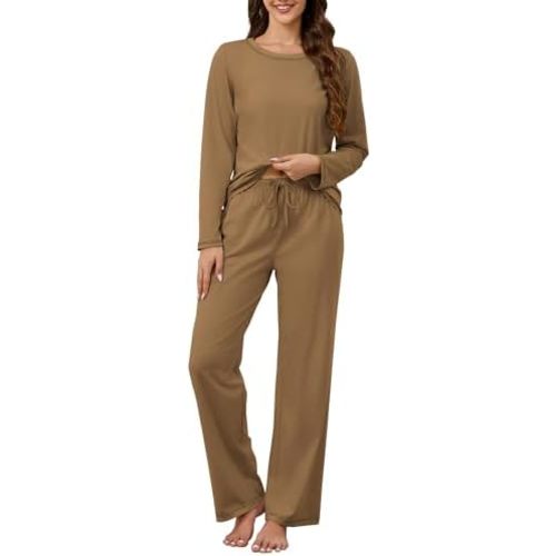 KCW Womens Pajamas Sets 100% Cotton 2 Piece Lounge Set Long Sleeve Tops and Pants Soft Pjs Sleepwear with Pockets