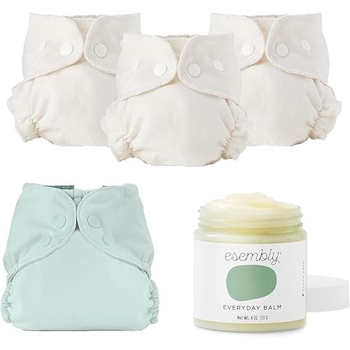 Esembly Bundle: Everyday Balm (4oz) and Cloth Diaper Bundle Set (3 Organic Inners and 1 Waterproof Outer, Size 1, Mist)
