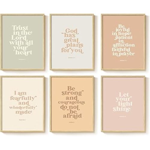 Framed Christian Wall Art Set of 6, Boho Bible Verse Prints with Inspirational Scripture Quotes Neutral Pastel Artwork, Religious Decor for Kids Room Nursery Bedroom Living Room, 11x14 Inch