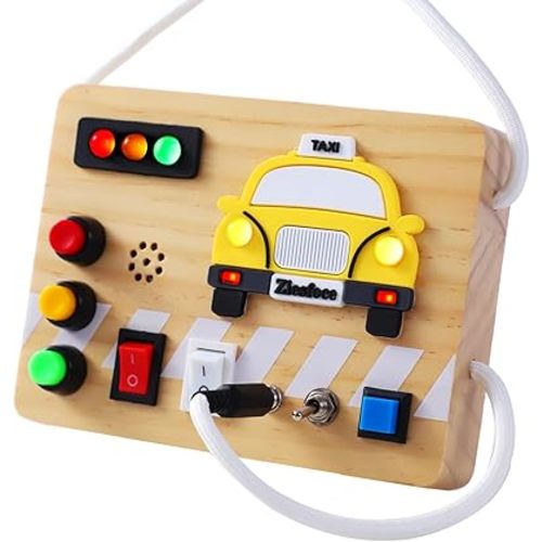 Montessori Busy Board Wooden Sensory Toys with LED Light Up Switch Travel Toys for 1+ Year Old Toddler Baby Boys Girls Gifts (Taxi Theme)