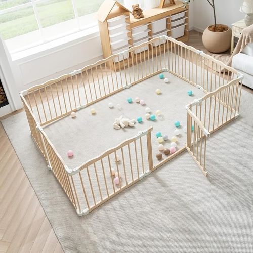 GGF Wooden Playpen & Play Yards for Babies and Toddlers, Foldable Wood Baby Play Fence with Locking Gate, Kids Activity Area Center Indoor Outdoor,86 * 57inch, Light Pine