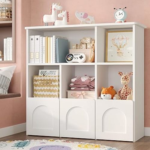 knoworld Toy Storage Organizer,Kids Bookshelf with Hidden Roller Drawer and 5 Open Cubbies,for Kid Room,Living Room,Game Room and Den