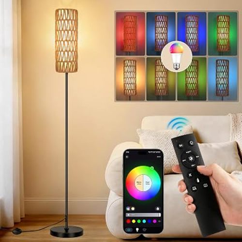 FRIDEKO HOME Boho Floor Lamp for Living Room with Smart RGB Bulb, Black Standing Lamp with Remote, Color Changing Tall Lamps with Music Sync for Bedroom (1-Black)