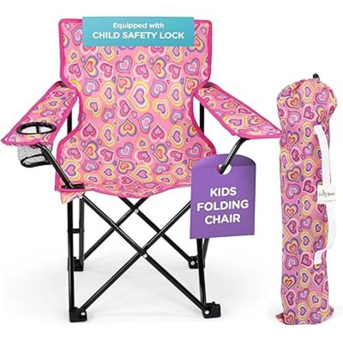 Emily Rose Kids Folding Beach Chair with Safety Lock - Small Camping Camp Chair for Boys Girls Toddler with Cup Holder & Carry Case - Tailgate, Sports, Travel, Lawn - Indoor & Outdoor (Playful Hearts)