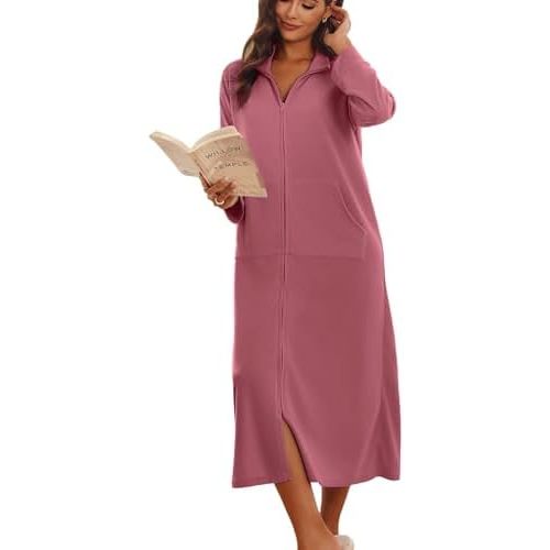 Ekouaer Women Zipper Robe Long Sleeves House Coat Soft Bathrobe Sleepwear with Pockets Housecoat Loungewear