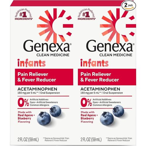 Genexa Infants' Clean Acetaminophen | Pediatrician Preferred Ingredients | Pain Reliever & Fever Reducer for Babies | Dye Free, 0% Artificial Additives | Organic Blueberry Flavor, 4 fl oz (2 Pack)