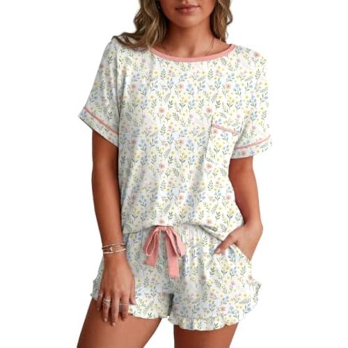 PrinStory Womens Pajama Sets Cute Pjs Short Sleeve Top Ruffle Shorts