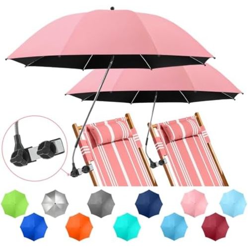 2 PACK Beach Umbrella with Clamp, 360 ° Adjustable Umbrellas for Chair, UPF50+ Umbrella for Beach Chair, Patio Chair, Wheelchair, Camping Chair, Golf Carts (Chair Not Included)