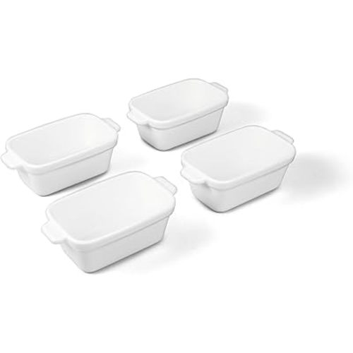 Souper Cubes Stoneware - Small Ceramic 5" x 3" Baking Dish with Silicone Covers, Small Baking Dishes for Oven Perfect for Reheating Single Serve Portions, Set of 4 - White