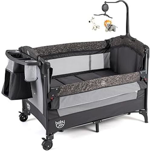 BABY JOY 5-in-1 Pack and Play, Baby Bedside Sleeper with Bassinet, Multifunction Bedside Crib from Newborn to Toddlers, U-Shaped Diaper Changer, Playard, Safety Strap