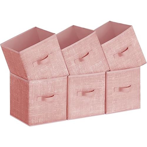 SONGMICS Storage Cubes, 11-Inch Non-Woven Fabric Bins with Double Handles, Set of 6, Closet Organizers for Shelves, Foldable, for Clothes, Jelly Pink UROB026R01