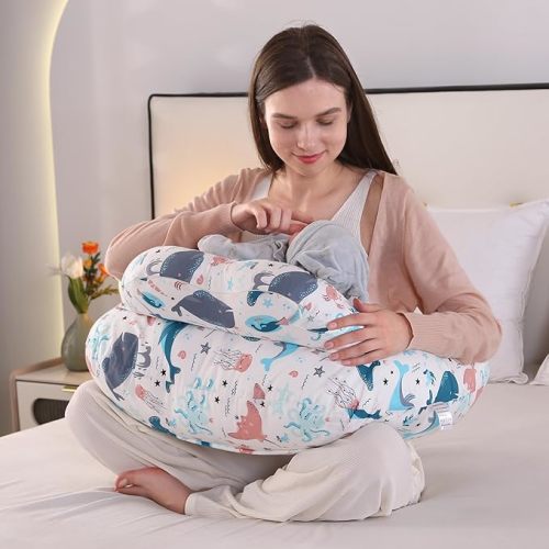 Nursing Pillow for Breastfeeding,Plus Size Baby Feeding Pillows with Removable Washable Cotton Slipcover, Adjustable Waist Strap,More Support for Mom and Baby