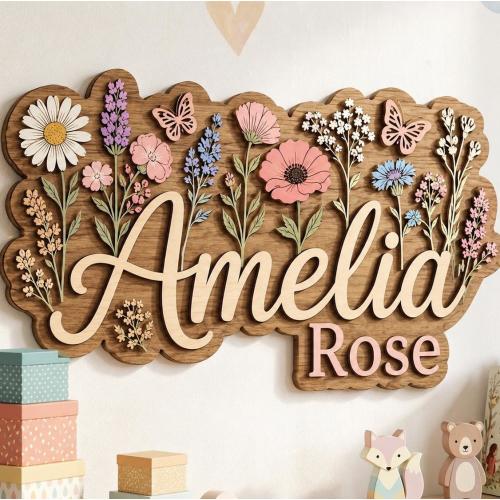 Custom Floral Nursery Name Sign, Layered Wooden Girl Wall Decor,Personalized Flower Name Plaque,3D Flower Room Sign, Custom Nursery Wall Art