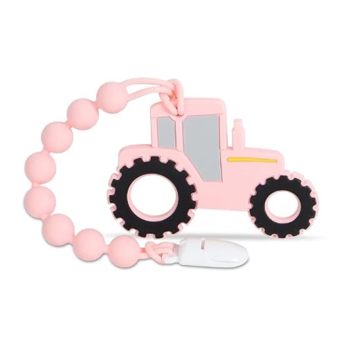 Baby Food Grade Silicone Pink Tractor Teething Toys with Pacifier Clip
