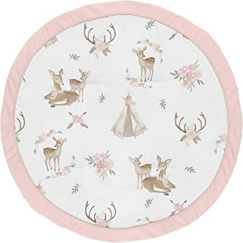 Sweet Jojo Designs Blush Pink, Mint Green and White Boho Watercolor Playmat Tummy Time Baby and Infant Play Mat for Woodland Deer Floral Collection