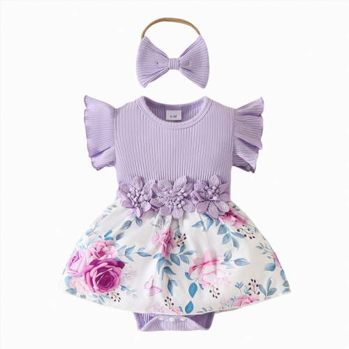 OYXSER Cute Baby Girl Clothes 6 12 Months Ruffle Sleeve Romper with Headband Floral Summer Outfits, Purple 6-9M