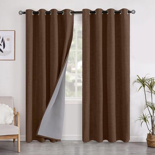 YoungsTex Brown Linen Blackout Curtains 84 Inches Long for Living Room, Dark Chocolate Thermal Insulated Drapes with Grommet Room Darkening Privacy for Bedroom 2 Panels, 52 X 84 Inch
