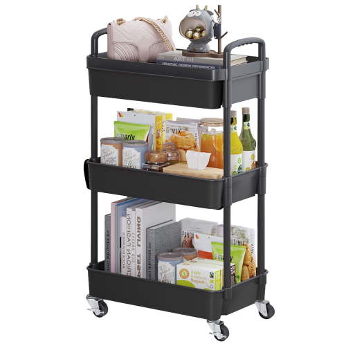 HIOHA Rolling Utility Cart, 3-Tier Storage Organizer with Drawer and Metal Wheels