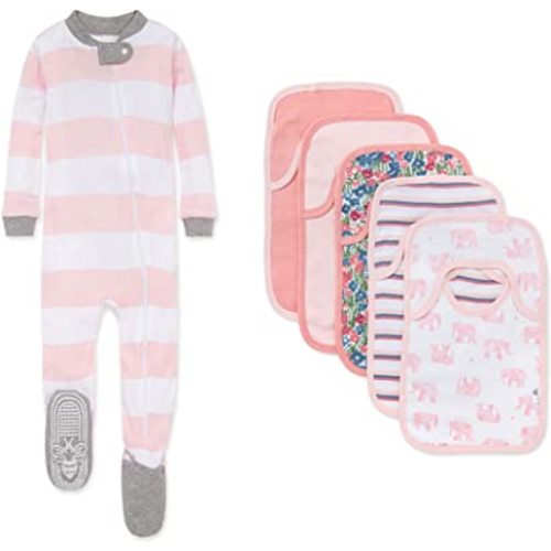 Burt's Bees Baby baby-girls Zip-up Footed Sleeper Pj & Set of Bibs Gift Bundle, 100% Organic Cotton