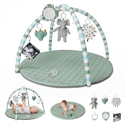 Blissful Diary Baby Play Gym Mat, Play Mat Activity Mat with 6 Detachable Toys for Stage-Based Sensory & Motor Skill Development, Easy to Install & Clean, Baby Essentials Gift, Sage Green