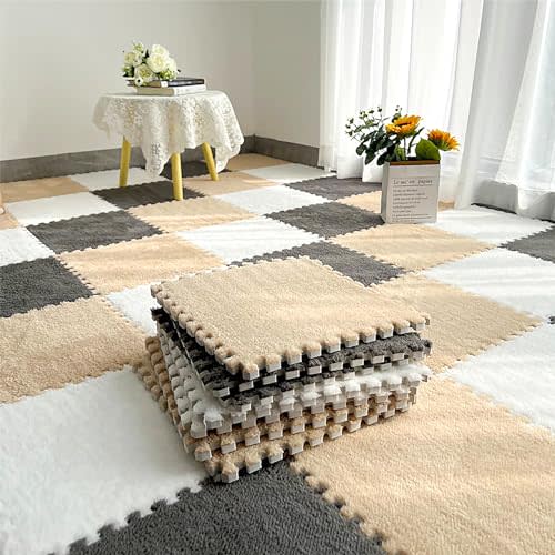12 Pcs Plush Interlocking Carpet Tiles, Non-Toxic Foam Carpet Tiles for Toddler Baby, Machine-Washable, Anti-Slip, EVA Foam Interlocking Tiles for Floor, Nursery, Grey White Light Brown
