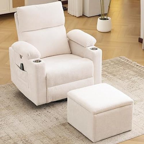 Rocking Chair Nursery with Adjustable Armrests, Electric Glider Recliner Nursing Chair with Ottoman, Power Swivel Recliner Chairs with Massage and Heat, White