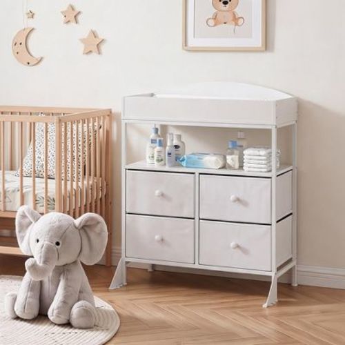 Four Drawer Nursery Changing Station Reinforced Iron Frame Waterproof Particle Board Top Anti Tip Adjustable Feet Baby Storage Dresser