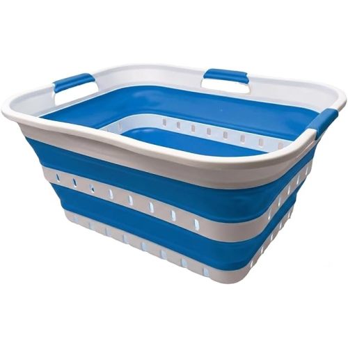 SAMMART 42L (11 gallon) Collapsible Plastic Laundry Basket - Foldable Pop Up Storage Container/Organizer - Space Saving Hamper/Basket (1, Wt/Classic Blue)
