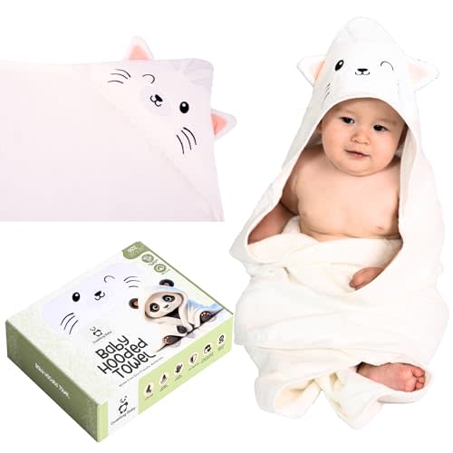Cuddling Baby Premium Hooded Towel - 500GSM Viscose derived from Bamboo Cotton Baby Towels- Ultra Soft & Absorbent, Extra Large 35” x 35”, Hypoallergenic, Machine Washable Toddler Towel - Cat