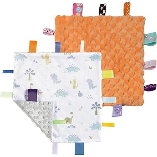 CREVENT Tag Security Blankets for Babies, Soft Small Loveys for Boys, Baby Comforter Sensory Blanket, Great Gifts for Birthday Baby Shower (10"X10" Dino + Orange)