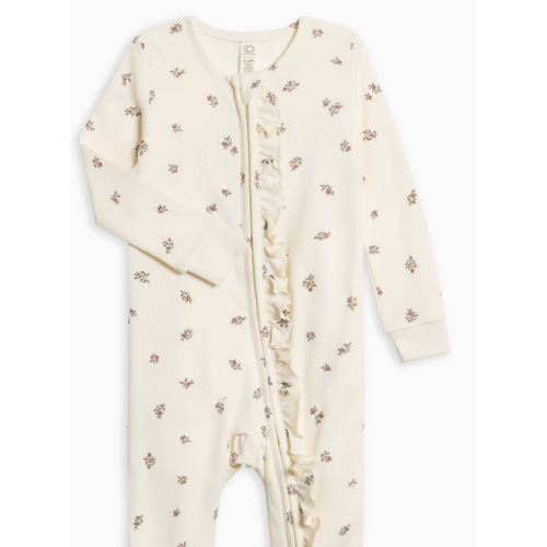 Neve Ruffle Zipper Footie- Helen Floral/Purple+Mauve