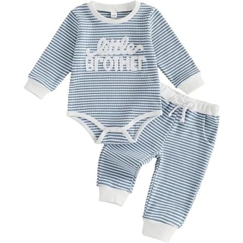 Newborn Baby Boy Fall Outfit Romper Long Sleeve Letter Embroidery Jumpsuit Bodysuit Pants Infant Waffle Clothes Set