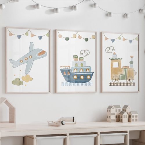 Nursery prints, kids room decor, boy gift, planes, trains, boat wall art, transport prints, blue boy room decor, playroom decor, set of 3